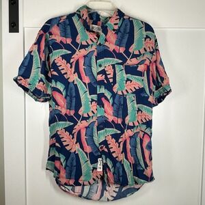 RSVLTS Shirt Men Medium Blue Pink Pastel Palms Short Sleeve 100% Bamboo Hawaiian
